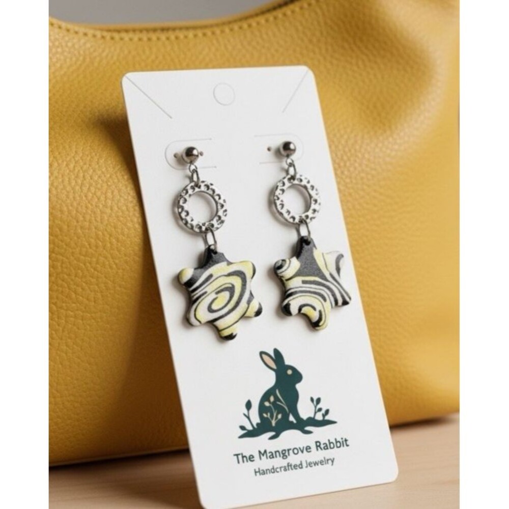 Yellow Black White Swirl Flower Handmade Polymer Clay Dangle Earrings SS Posts